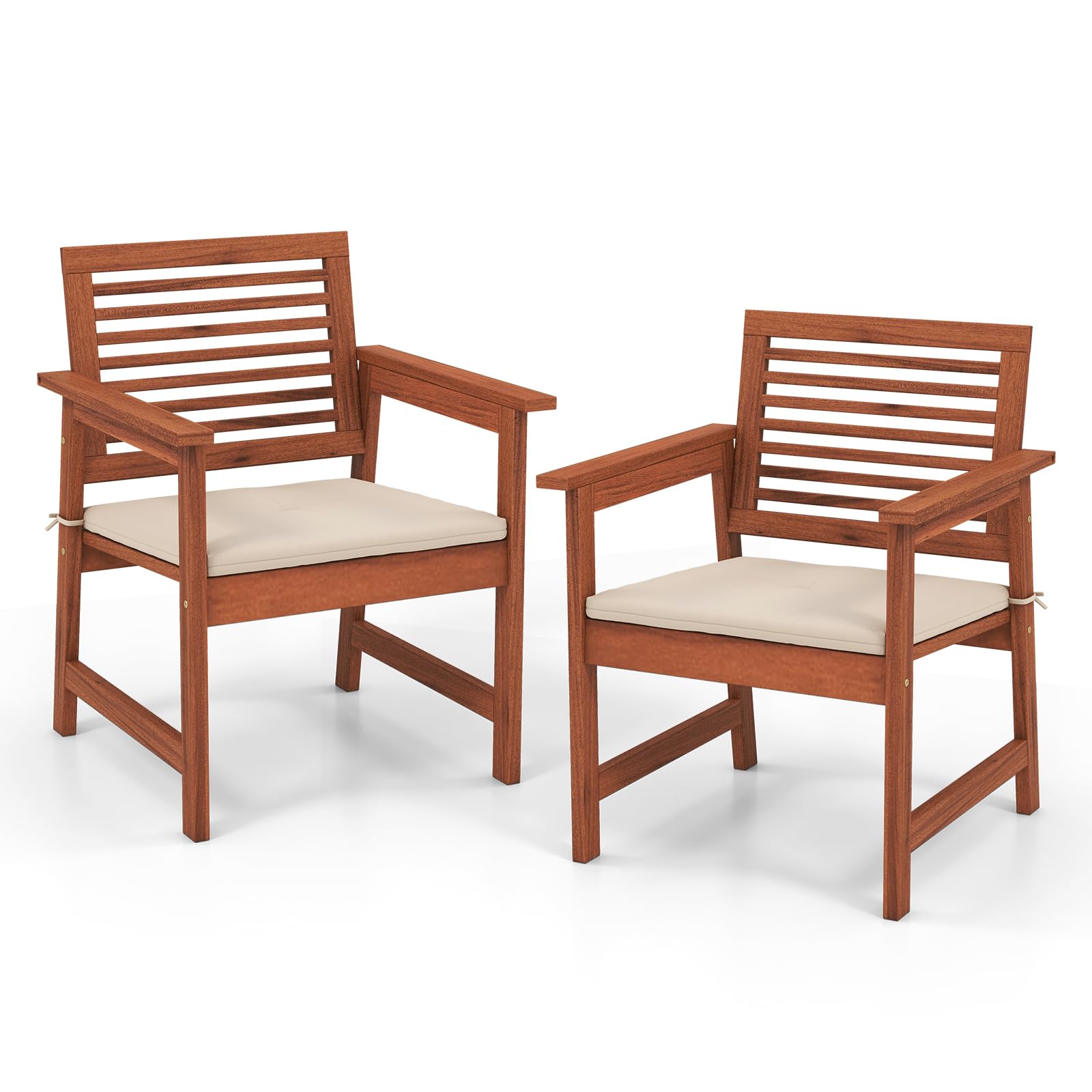 Lot de chaises de salle à manger d'extérieur Tangkula, chaises de patio en bois à lattes robustes résistantes aux intempéries avec coussins rembourrés doux